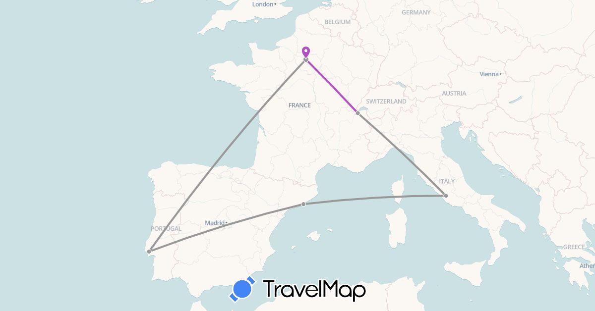 TravelMap itinerary: plane, train in Switzerland, Spain, France, Italy, Portugal (Europe)
